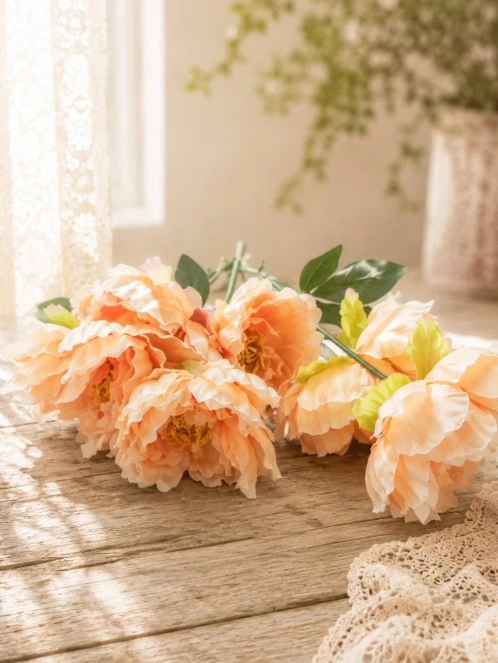 Coral Peach Faux Silk Peonies Bouquet Summer Home Decor